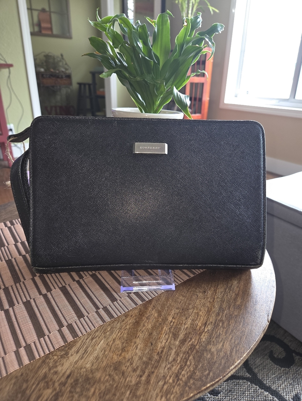 Burberry Black Saffiano Leather Toiletry Pouch Or Clutch with Wrist Strap